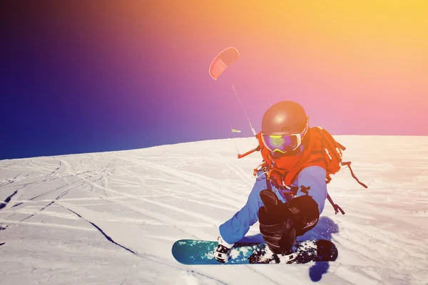 Snowboarder Kite Fresh Snow Winter Tundra Russia Clear Blue Sky — Stock Photo, Image