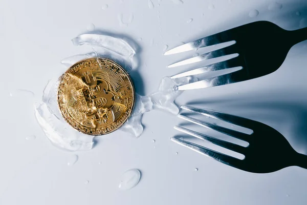 Bitcoin doré gelé dans la glace — Photo