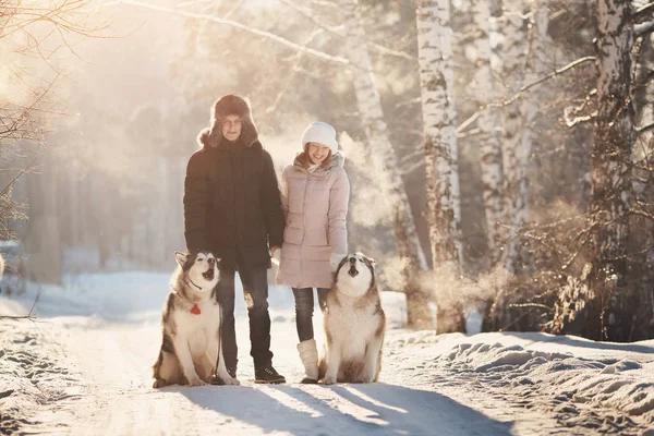 Caminhando com cão no inverno — Fotografia de Stock