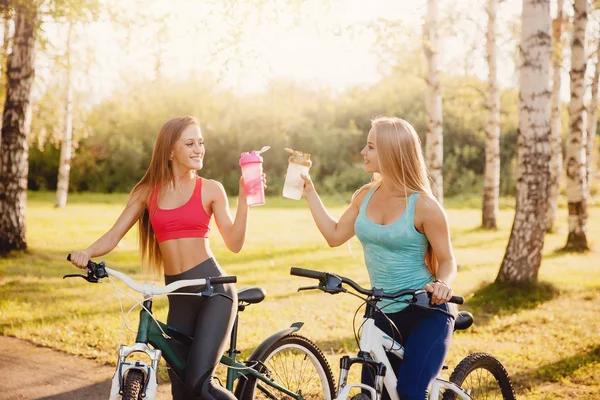 Equipe de meninas de bicicleta com garrafa de água no parque no pôr do sol fundo — Fotografia de Stock