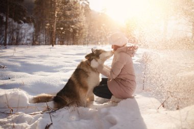 Köpek ile kış aylarında yürüyüş. seven çift karda yürüyor