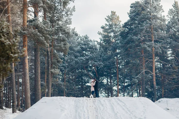Pasear con el perro en invierno. pareja amorosa está caminando en la nieve — Foto de Stock
