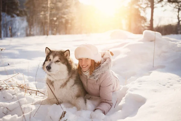 冬の犬を連れて歩いています。雪の中を歩いているカップルを愛する — ストック写真