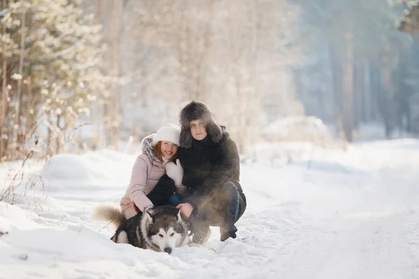 Coppia amante è a piedi nella neve con cane — Foto Stock