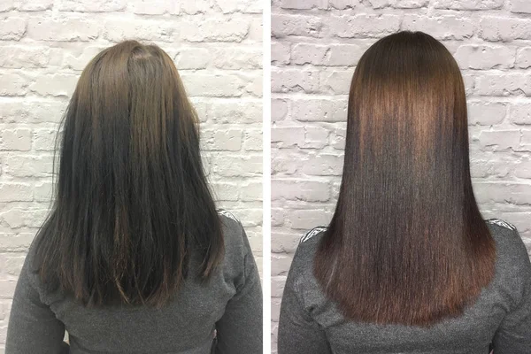 Cabelo Doente Cortado Saudável Cabelo Antes Depois Tratamento — Fotografia de Stock