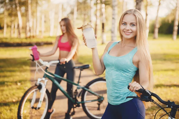 Equipe de meninas de bicicleta com garrafa de água no parque no pôr do sol fundo — Fotografia de Stock