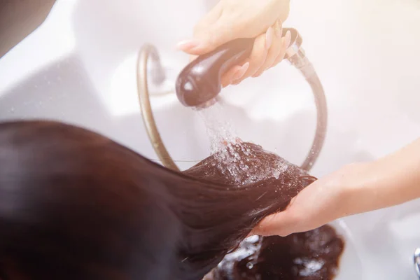 Master Frisör kvinna schamponering spa salong hår. — Stockfoto