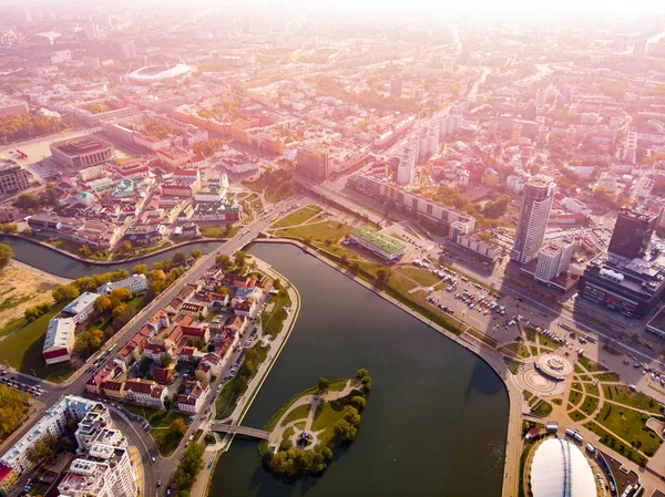 Letecký Pohled Drony Panoráma Města Minsk Bělorusko Západ Slunce Panorama — Stock fotografie