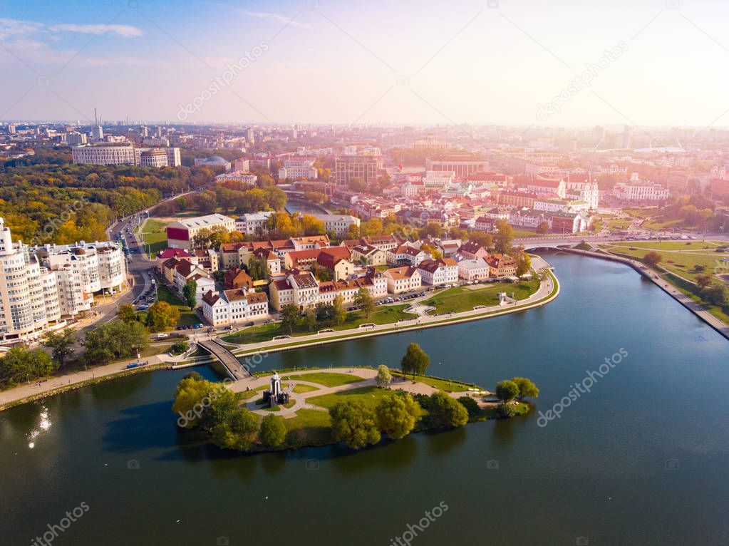 Aerial view drone, cityscape of Minsk, Belarus. Sunset. Panorama