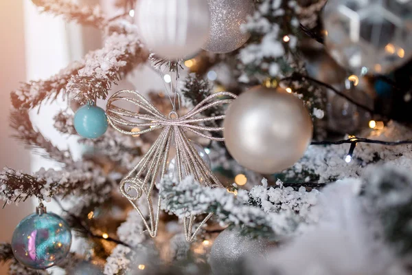 Closeup Christmas Tree Toy Light Background Blue White Color — Stock Photo, Image