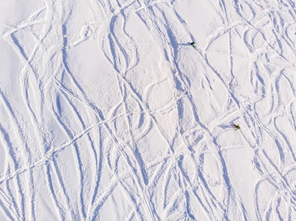 Faixas na neve de inverno de esquis de downhill e snowboards na floresta. Concept freeride — Fotografia de Stock