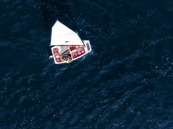 Aerial drone competitions sport white yachts and boats on blue water of sea. — Stock Photo, Image