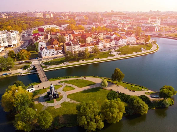 Aerial view drone, cityscape of Minsk, Belarus. Sunset. Panorama — Stock Photo, Image