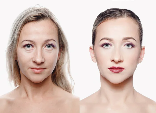 Vergleich Make-up-Modellprozess — Stockfoto