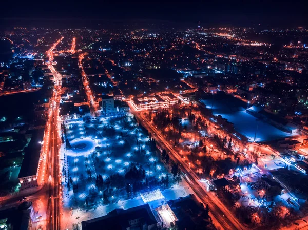 Tomsk Nigth Gród Iluminacja Syberii Rosji Rzeka Tom Drone Lotu — Zdjęcie stockowe