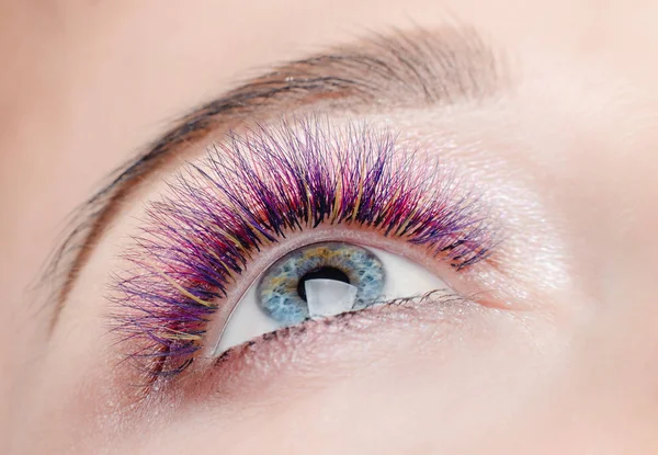 Eyelash Extension Procedure Beautiful Woman Long Colored Hairs Lash Beauty — Stock Photo, Image