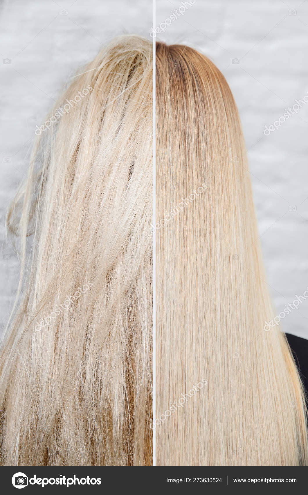 Sick, cut and healthy hair care keratin. Before and after treatment