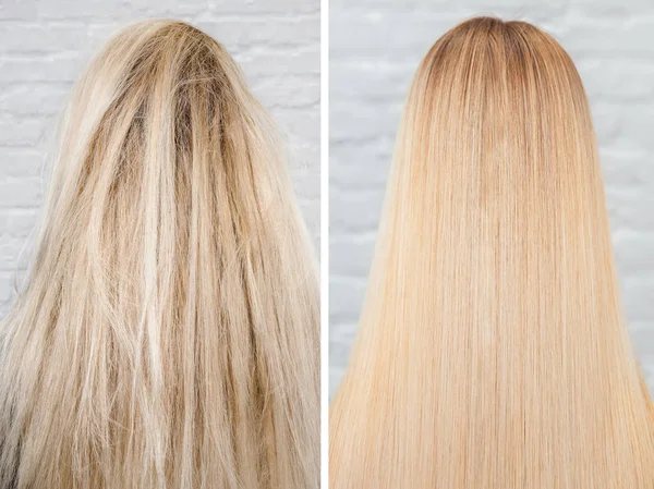 Before and after straightenin treatment. Sick, cut and healthy hair care keratin — Stock Photo, Image