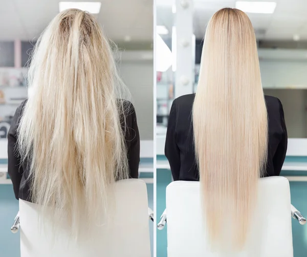 Antes e depois do tratamento com straightenin. Doente, corte e cuidados com o cabelo saudável queratina — Fotografia de Stock