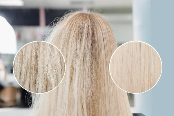 Krankes, geschnittenes und gesundes Haarpflegekeratin. vor und nach der Behandlung — Stockfoto