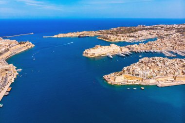 Malta Valletta başkenti. Panorama senglea, Birgu, Kalkara. Havadan üst görünüm.