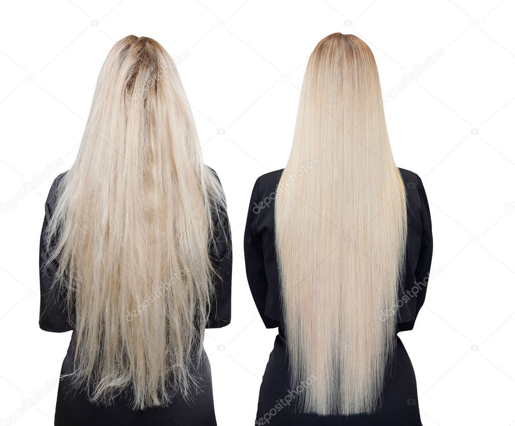 Sick, cut and healthy hair care keratin. Before and after treatment. White isolated background