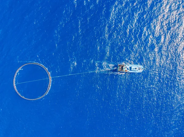 Trasporto di pesce in gabbia al mercato agricolo e portuale. Fondo blu del mare. Vista aerea dall'alto — Foto Stock