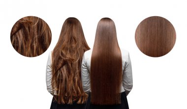 Hasta, kesim ve sağlıklı saç keratin bakım. İşlemden önce ve sonra