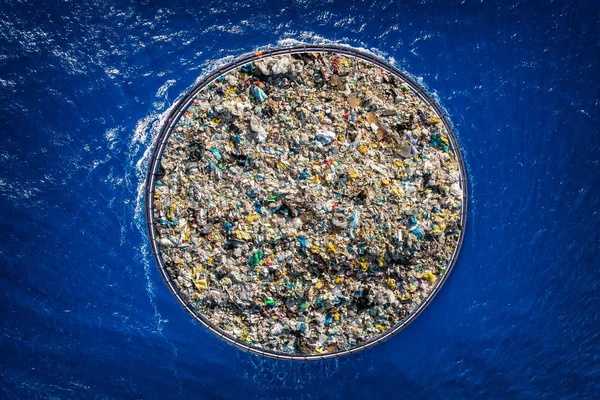 Concept cleaning ocean water from debris and plastic. Removing contaminants using ship and grid