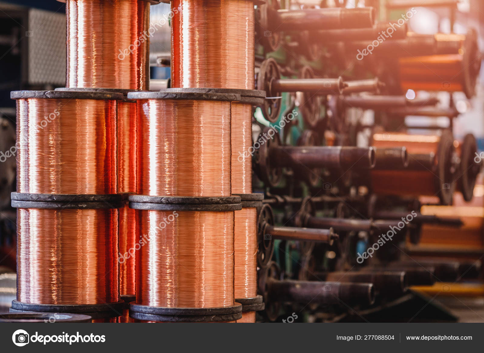 Production of copper wire, bronze cable in reels at factory