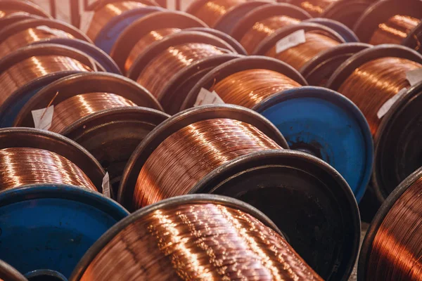 Production of copper wire, bronze cable in reels at factory