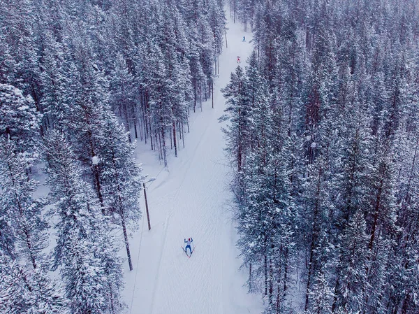 Skilanglauf im verschneiten Wald. Winterwettkampfkonzept. Luftaufnahme von oben — Stockfoto