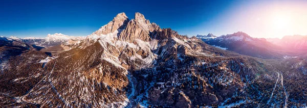 Panoramic photo Sunrise in Dolomites mountains South Tyrol, Italy. Aerial top view