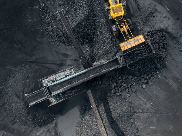 Open pit mine, coal grinder industry, top view aerial
