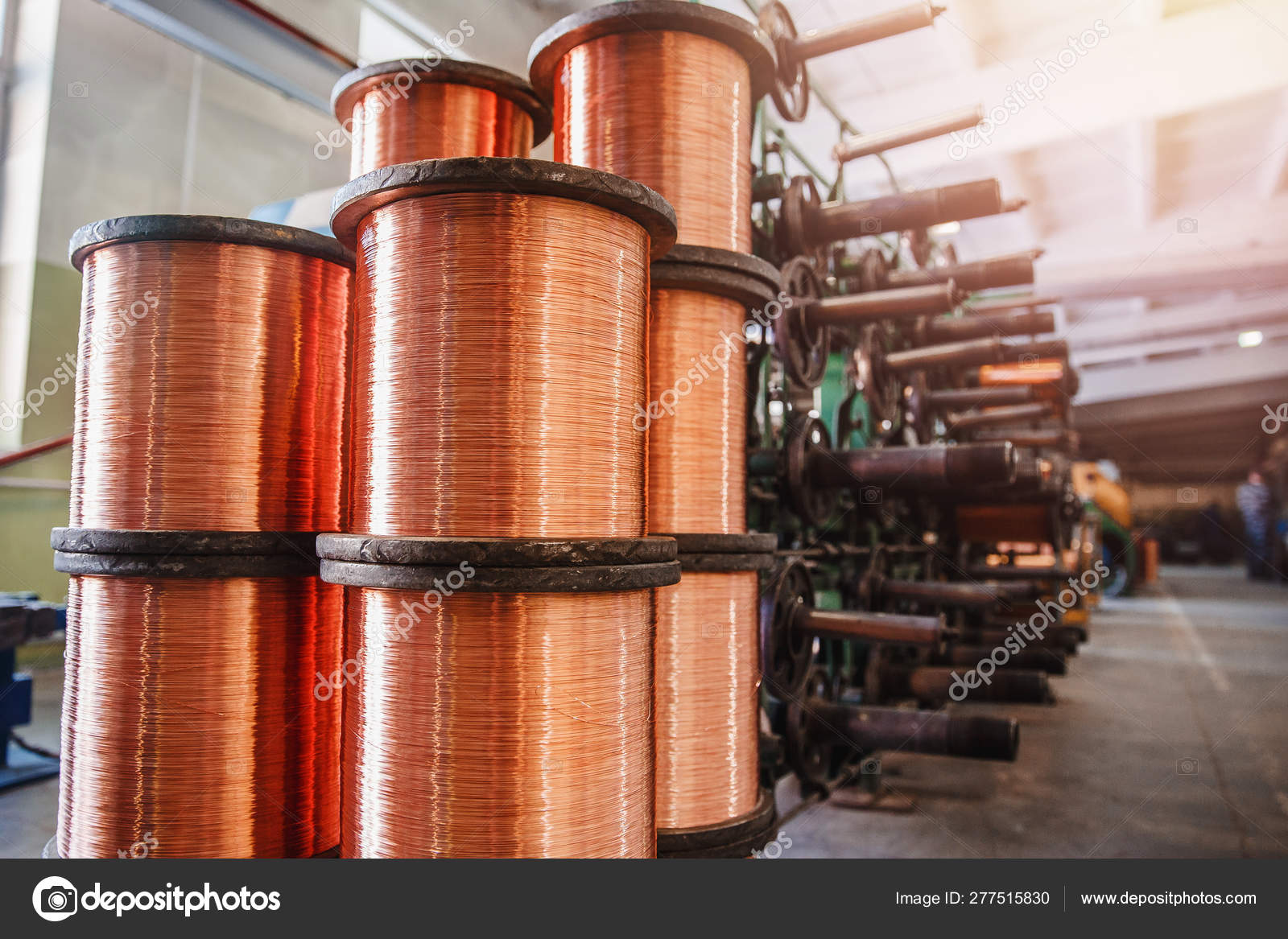 Production of copper wire, bronze cable in reels at factory — Stock Photo ©  ParStud #277515830