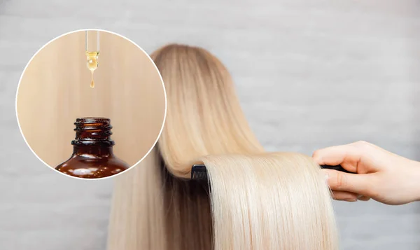 Procédure de coiffeur maître traitement des cheveux à l'huile pour femme. Concept spa salon. — Photo