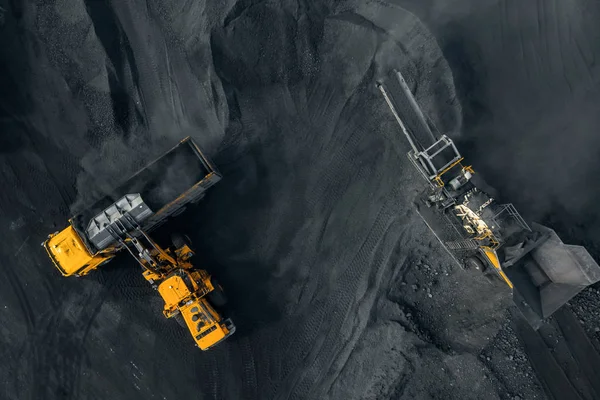 Open pit mine, Coal grinder industry, top view aerial drone
