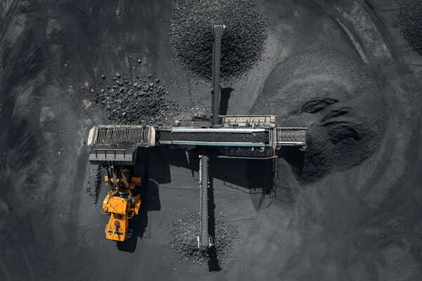 Open pit mine, coal grinder industry, top view aerial