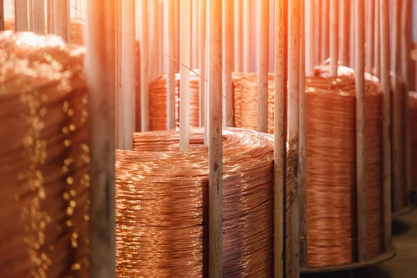 Production of copper wire, bronze cable in reels at factory — Stock Photo, Image