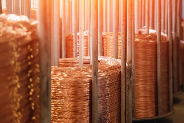 Production of copper wire, bronze cable in reels at factory