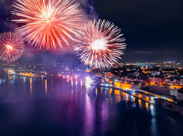 Malta fireworks festival in Valletta. Concept travel. Aerial photo Royalty Free Stock Photos