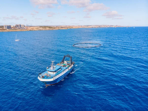 Transporte de peixe em gaiola para o mercado agrícola e portuário. Fundo azul do mar. Vista aérea superior — Fotografia de Stock