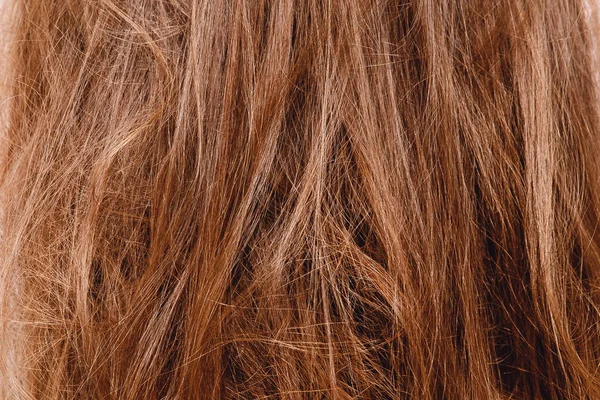 Textura de cabelos femininos danificados close-up no fundo cinza. Conceito perda de cor e proteína — Fotografia de Stock