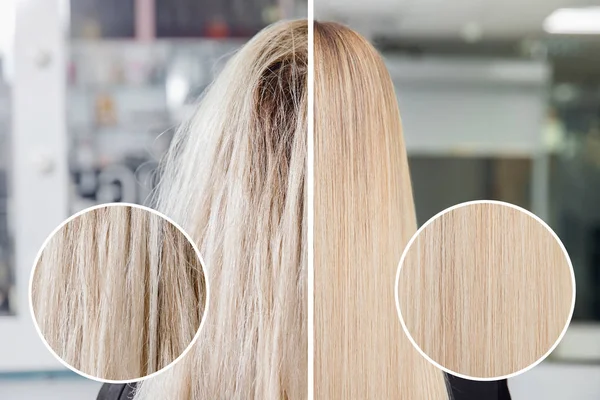 Sick, cut and healthy hair care keratin. Before and after treatment — Stock Photo, Image