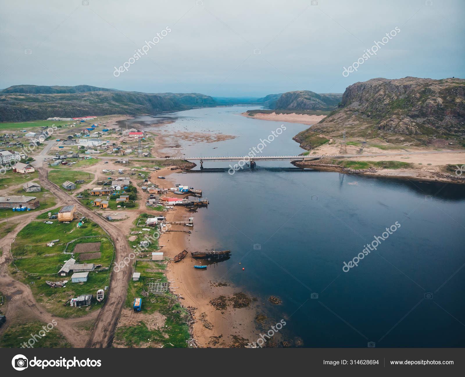 Panorama of village Teriberka Murmansk Russia. Aerial top view Stock
