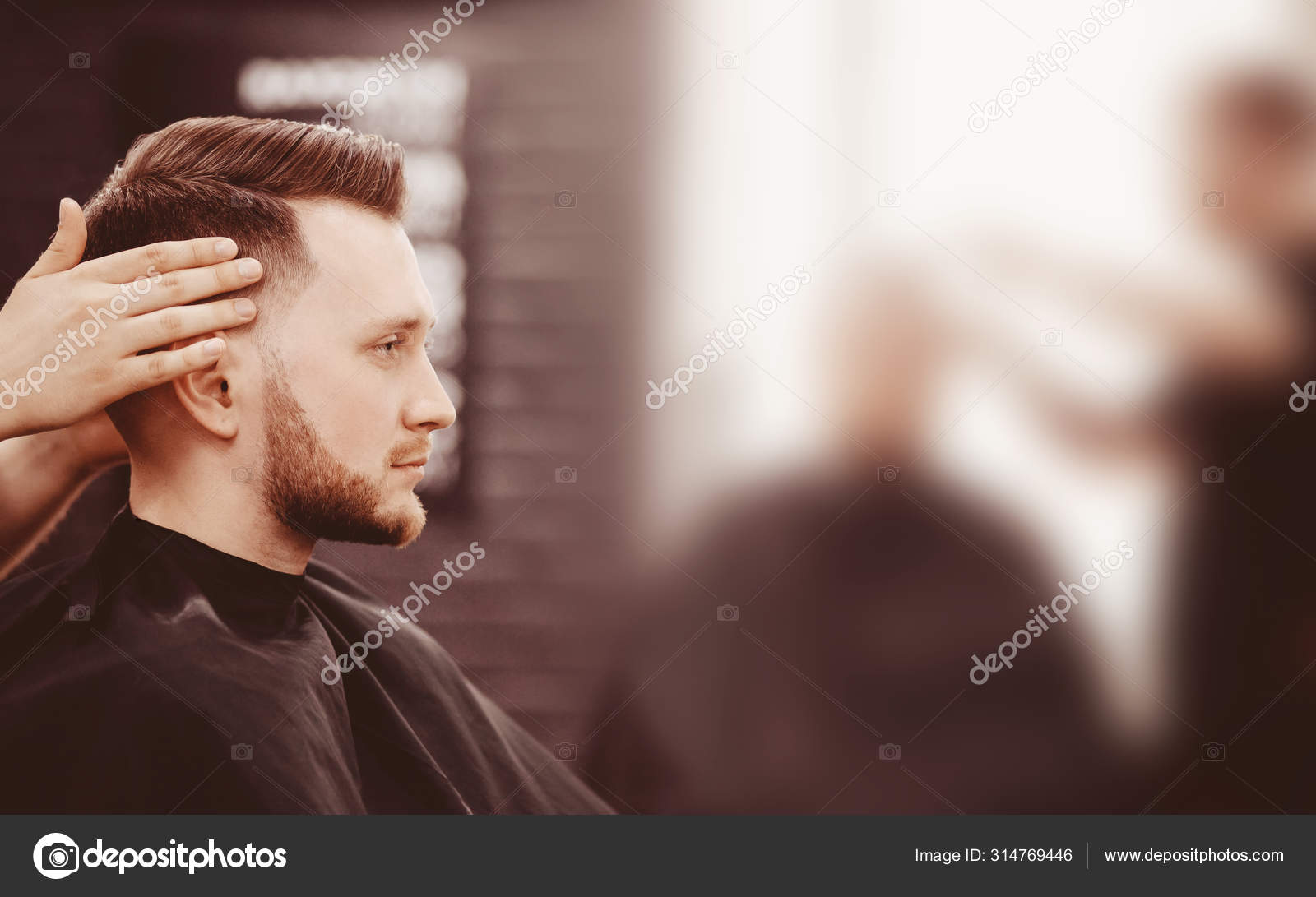 Barbershop banner. Man in barber chair, hairdresser styling his hair. Stock  Photo by ©ParStud 314769446
