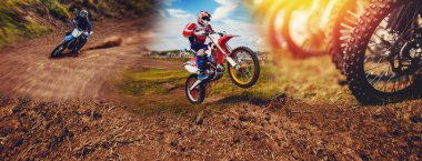 Motokrosa katılan motosikletli bir afiş sürücüsü arka plandaki çamura karşı sıçrama tahtasına atlıyor. Ekstrem aksiyon sporları yarışı kavramı