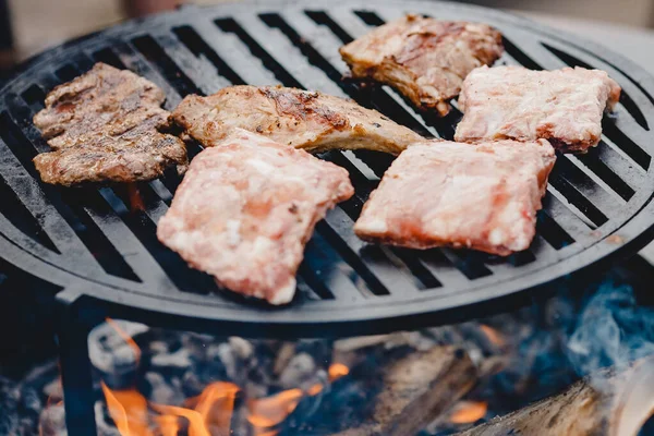 Izgarada pişmiş domuz pirzolası ve biftek, Ateş Sokağı Yemek Festivali — Stok fotoğraf