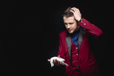 Sihirbaz, eğitimli beyaz güvercin kuşuyla numara yapıyor.