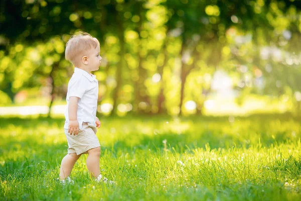 Мальчик идет в белой рубашке, шорты на зеленой траве в парке, летний солнечный день — стоковое фото